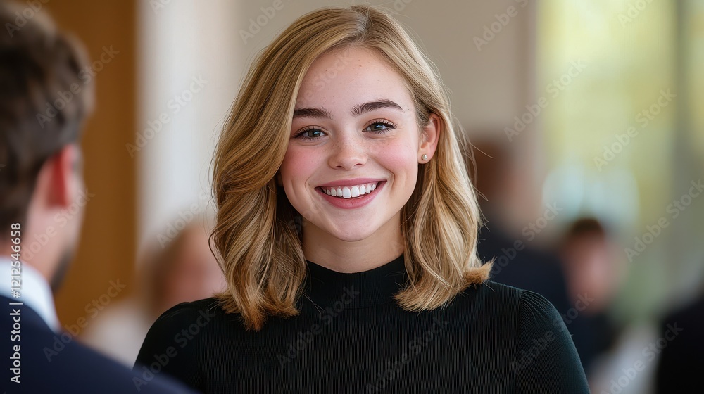 Poster extrovert social networking concept, young woman smiling and engaging in conversation with a friendl