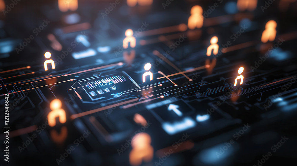 Poster futuristic digital concept of consumer targeting with glowing human icons on circuit board, symboliz