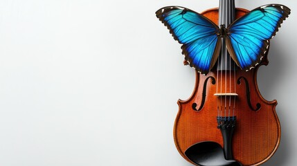 Artistic shot of a violin on a white background, with a vivid blue morpho butterfly on the strings, symbolizing the beauty of music and nature.