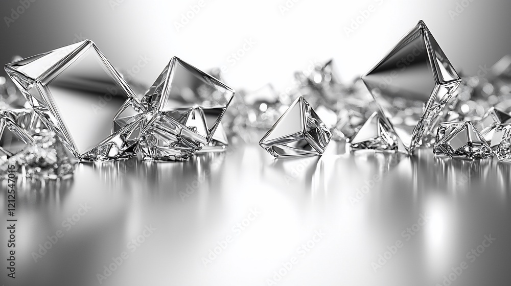 Poster sparkling silver crystal fragments scattered on reflective surface.