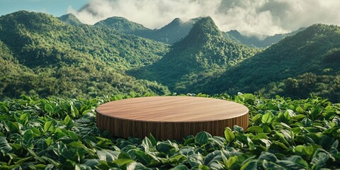 Natural Wooden Desk Setting with Soothing Tea Plantation Backdrop. Product display background, wood table, tea plantation, natural setting, green leaves
