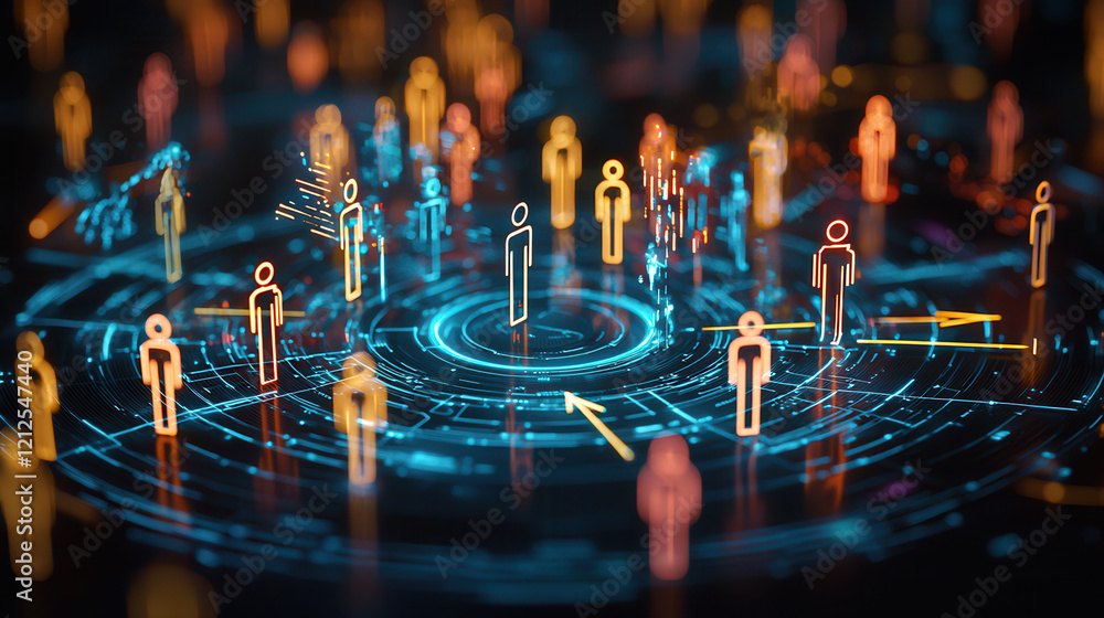 Poster futuristic concept of consumer targeting with glowing human icons and digital data visualization