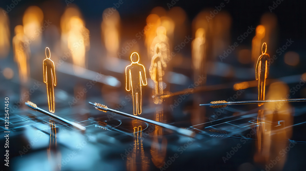 Poster conceptual representation of consumer targeting with glowing human icons and arrows on digital grid,