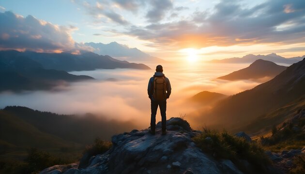 Hiker looks at the sunset from high up on a mountain.