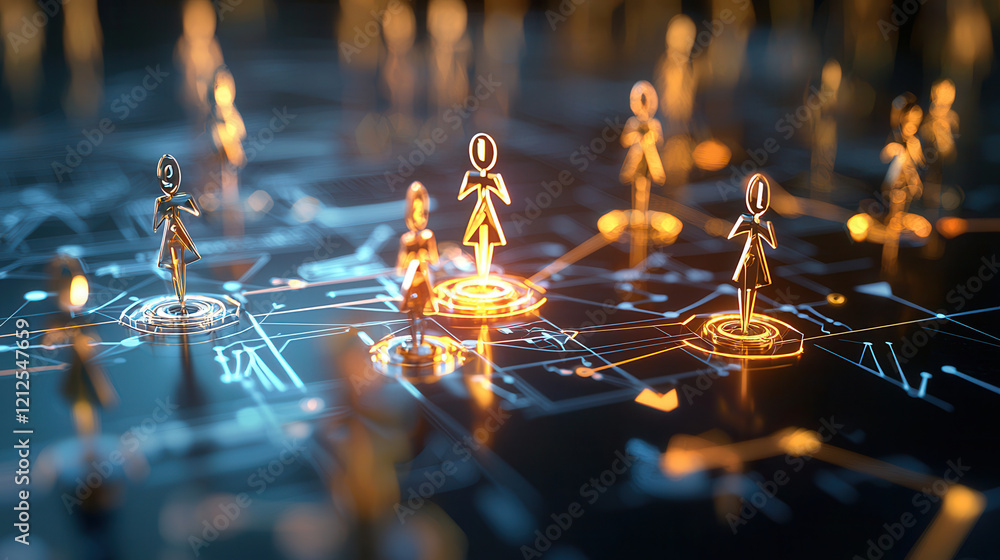 Poster futuristic concept of consumer targeting with glowing digital figures on virtual network grid