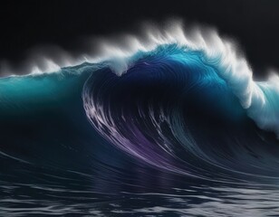 A majestic purple wave crashes onto a dark blue ocean on a black background, wave, mood, black