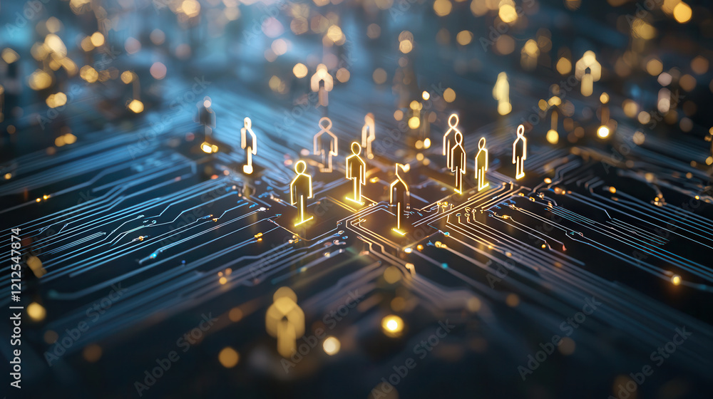 Poster glowing digital network with human icons symbolizing consumer targeting and connectivity