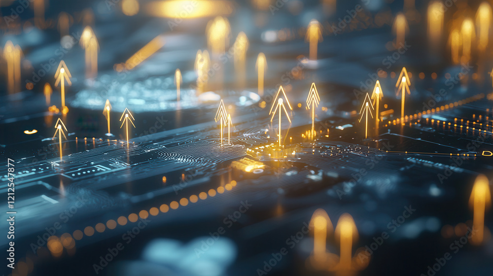 Poster futuristic digital circuit board with glowing arrows symbolizing data flow and technological advance