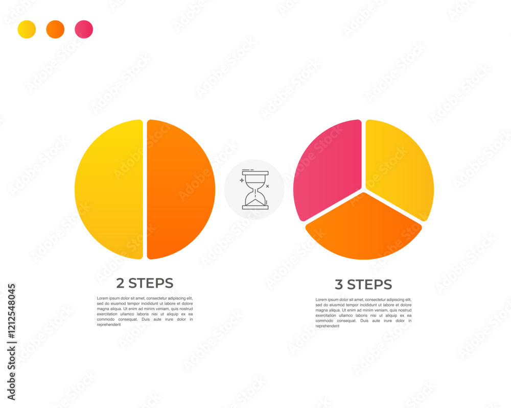 Poster circle division vector infographics icon set from 2 to 3. different color circles chart divided 2, 3