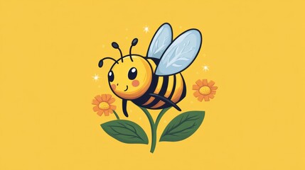 A Cute Cartoon Bee Flying Above a Flower on a Sunny Yellow Background Design