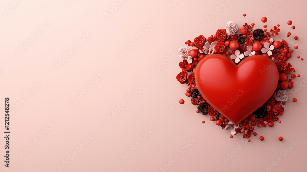 Poster vibrant red heart surrounded by array of colorful flowers and decorative elements, creating romantic
