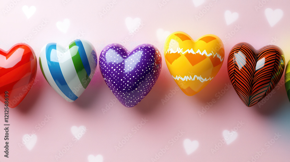 Poster colorful hearts in various patterns and designs on soft pink background create cheerful and artistic