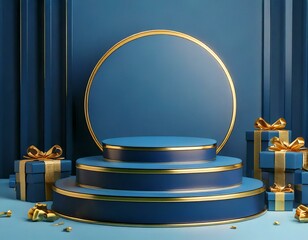 Mockup Minimal Celebrate Blue Podium With Golden Top And Gift