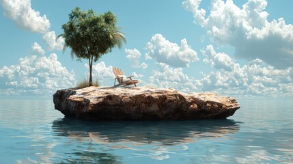 Tranquil Island Oasis with Chair and Tree Under Clear Blue Skies