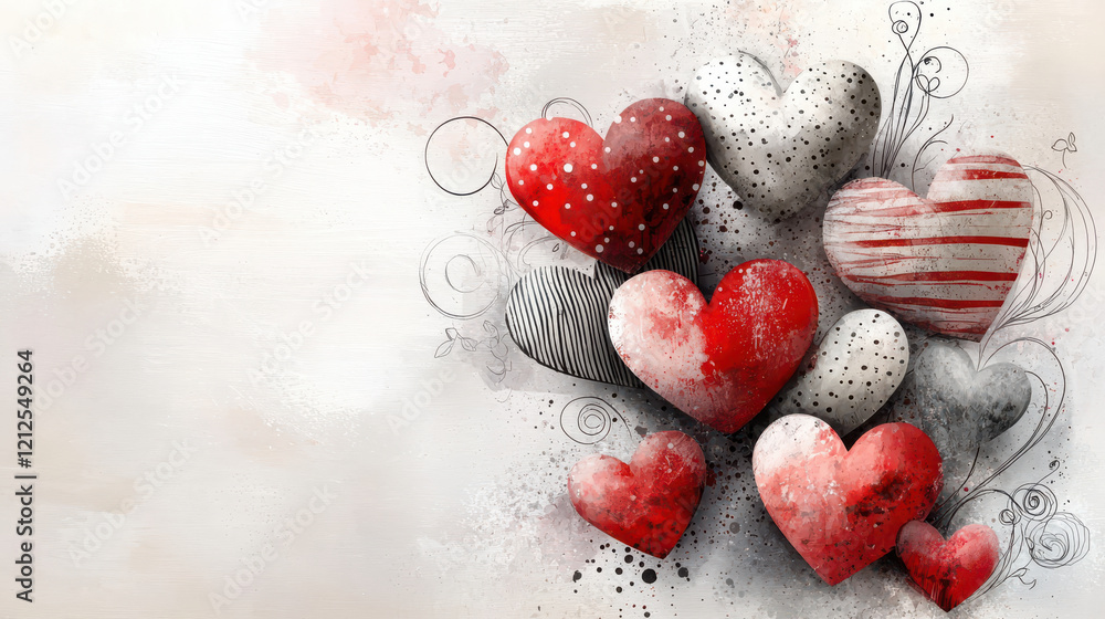 Aufkleber romantic collection of hearts in various colors and patterns, decorated with swirls and textures, cr