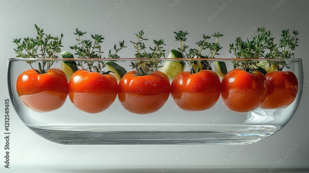 Aufkleber vibrant red tomatoes and sprigs of thyme submerged in a glass bowl with cucumber slices, creating a 