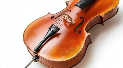 Fototapeta premium Close-up of a beautifully crafted cello, its polished wood finish and elegant curves isolated on a plain white background, highlighting its expressive artistry.