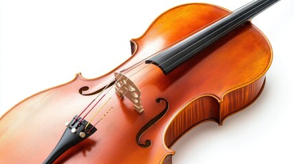 Fototapeta premium Close-up of a beautifully crafted cello, its polished wood finish and elegant curves isolated on a plain white background, highlighting its expressive artistry.