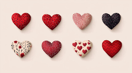 Fototapeta premium Hand drawn hearts in diverse styles, featuring red, pink, and patterned designs, evoke love and affection. Perfect for romantic themes and celebrations