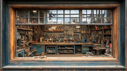 Rustic Workshop Interior View Through Old Wooden Window Vintage Tools Equipment