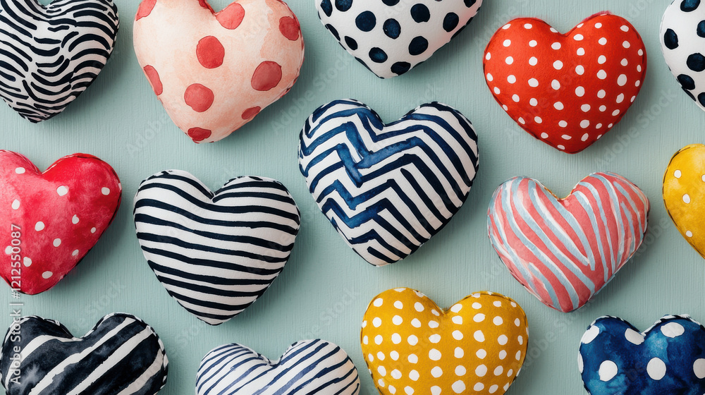 Poster colorful hearts with various patterns and designs arranged on light background create cheerful and a