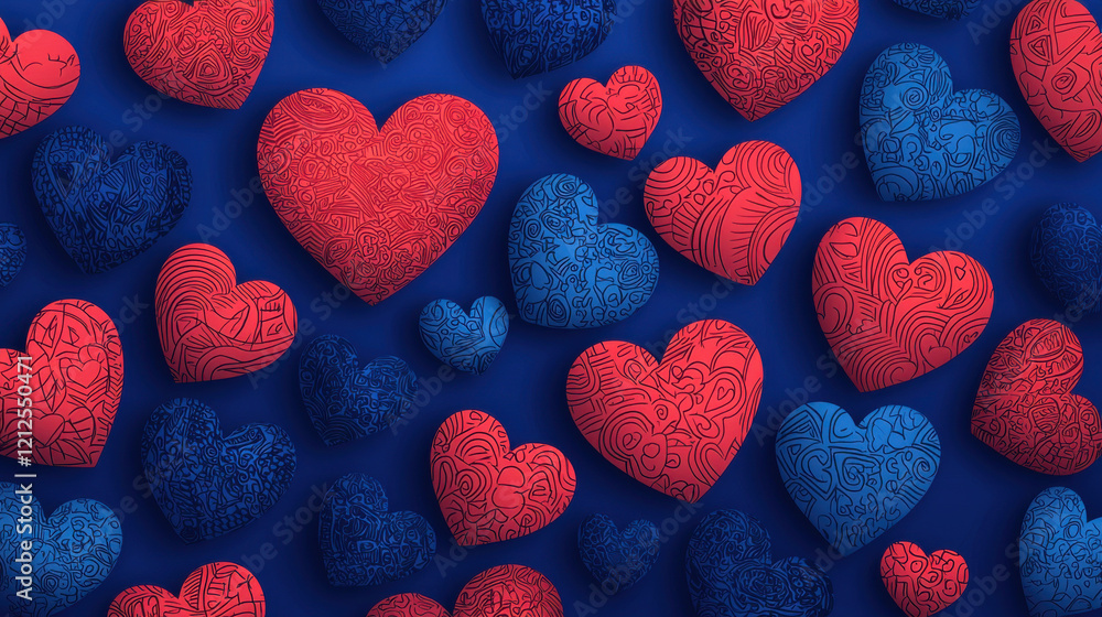 Poster vibrant hearts in red and blue, showcasing intricate patterns on deep blue background, create lively