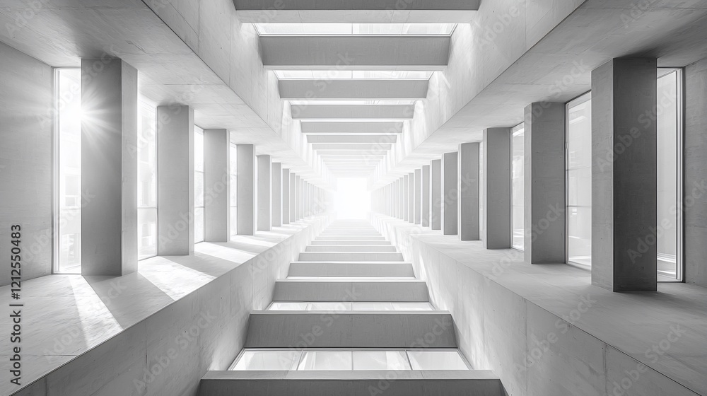 Poster light shining at the end of a long, white hallway with windows.