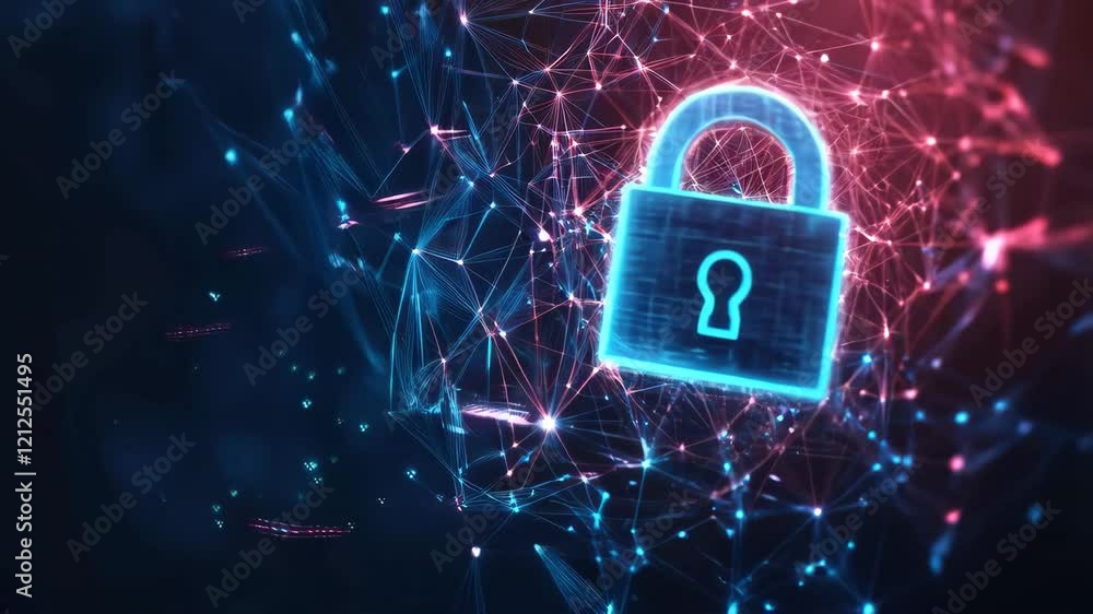 Poster futuristic cybersecurity lock visualization in digital network of neon lights