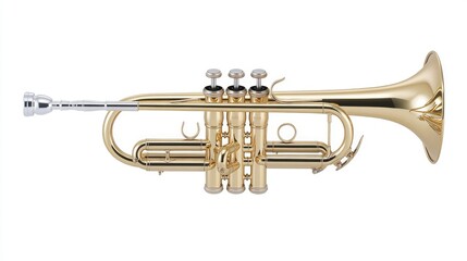 Obraz premium Elegant golden trumpet with a polished, reflective surface isolated on a clean white background, highlighting its sleek design.