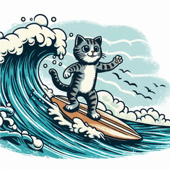 Cool cat surfing the ocean waves on surfboard, colorful cartoon