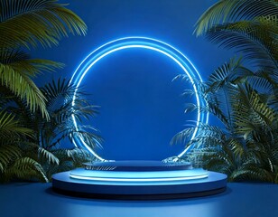 Obraz premium Modern Mockup Blue Podium Light Electric Frame With Tropical