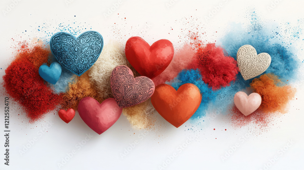 Poster colorful hearts in various styles and sizes, surrounded by vibrant splashes of color, create joyful 
