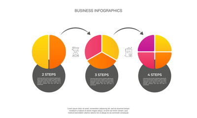 Circle division vector infographics icon set from 2 to 4. Different color circles chart divided 2, 3, 4 equal parts. Business round diagram with same size sectors, fraction.