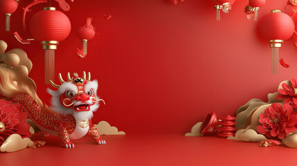 vibrant Chinese New Year scene featuring dragon, red lanterns, and floral decorations, evoking festive atmosphere of celebration and joy