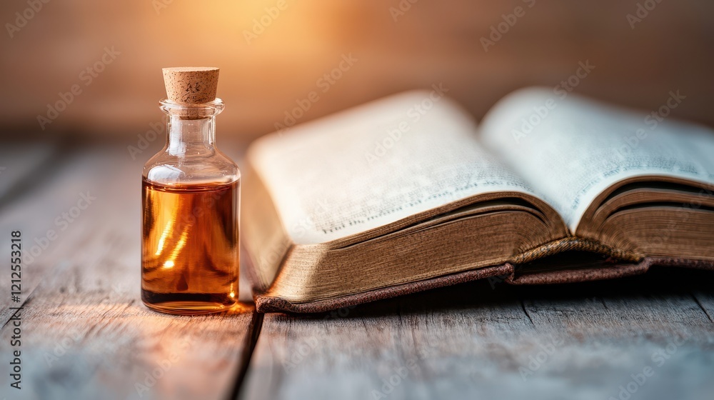 Poster elixir of life concept, ancient book pages with glowing light and a vial of potion on a rustic woode