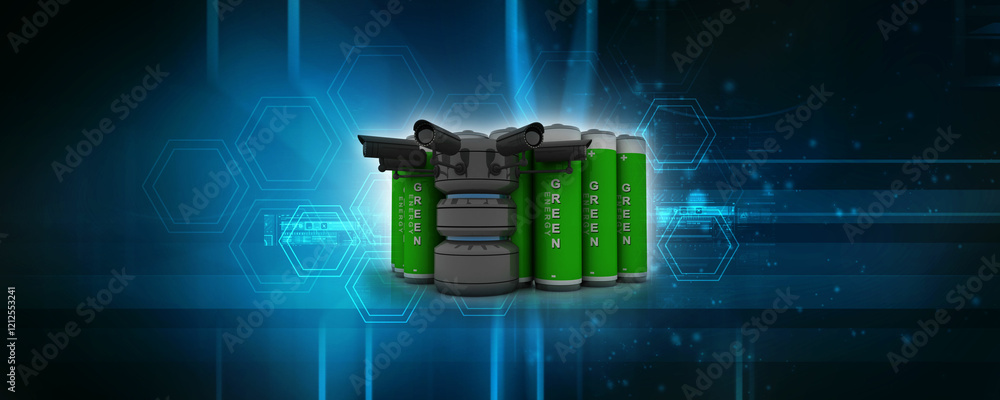 Poster 3d rendering surveillance cctv security camera connected database near battery