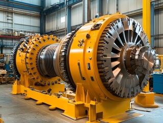 Obraz premium Industrial turbine machinery manufacturing plant equipment display indoor environment close-up view engineering concept