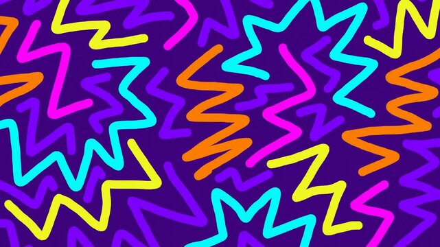 Colorful wiggly hand drawn abstract zigzag line doodle pattern background on loop