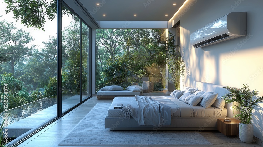 Poster a depiction in 3d rendering style of a large, luxurious, and modern room with bright interiors, curr