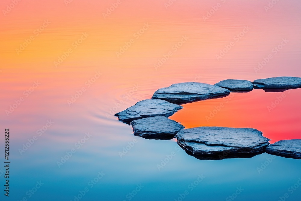Poster calm water reflects colorful hues of sunset with stones arranged in a circular pattern, creating a s