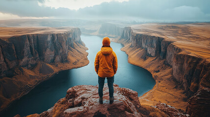 A travel influencer standing at the edge of a cliff with breathtaking views