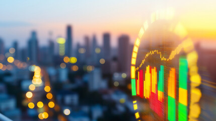 Air quality index concept. vibrant cityscape at dusk with illuminated financial data visualization