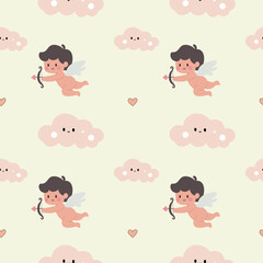 Valentine’s Day pattern with cupids, clouds, hearts on a light background. Seamless background perfect for use in textiles, wallpapers, and festive decorations.