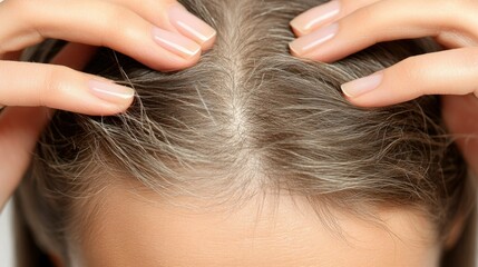 Obraz premium Isolated view of a woman's fingers scratching her head, representing conditions like dandruff, dryness, or lice, minimal background.