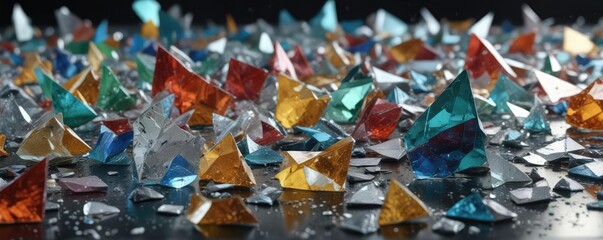 Fototapeta premium A collection of broken glass shards in different shapes and sizes on an abstract glassy surface , fragmented, abstract glass