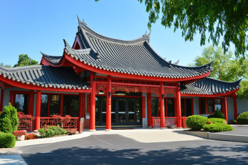 Traditional Chinese temple with curved rooflines and bright red accents