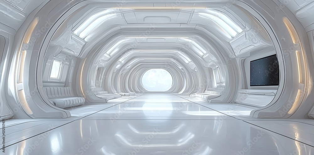 Poster a 3d rendering of a futuristic architecture sci-fi corridor interior in a space station with a view 