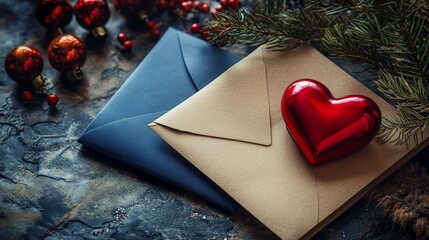 Valentine Hearts concept. Festive Envelopes with Red Heart and Ornaments.