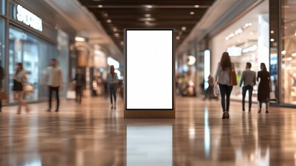 Blank digital advertising screen in a busy shopping mall with blurred shoppers in the background. Perfect for mockups and marketing design.