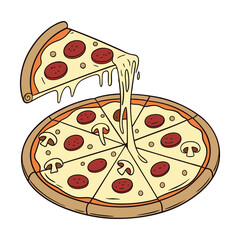 Cheesy Pizza Slice Dripping with Sauce Monochrome Pizza Slice Art pizza slice, cheesy pizza, melted cheese, Italian food, food illustration, pepperoni pizza, pizza art, fast food design